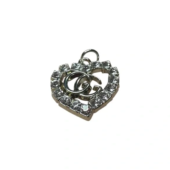 Gucci Silver Heart Zipper Pull Charm with Logo and Clear Stones